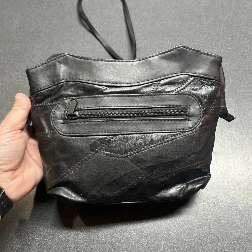 Vintage 1980s Black Leather Textured Patchwork Purse Shoulder Bag 90s Grunge
